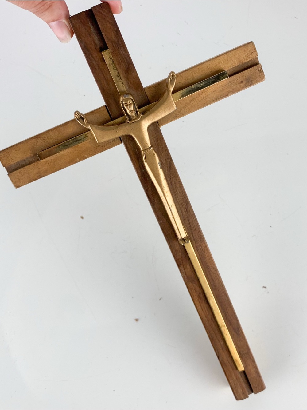 Vintage Wood Brass Wall Crucifix Cross Jesus Christ Mid Century Iconography Mcm